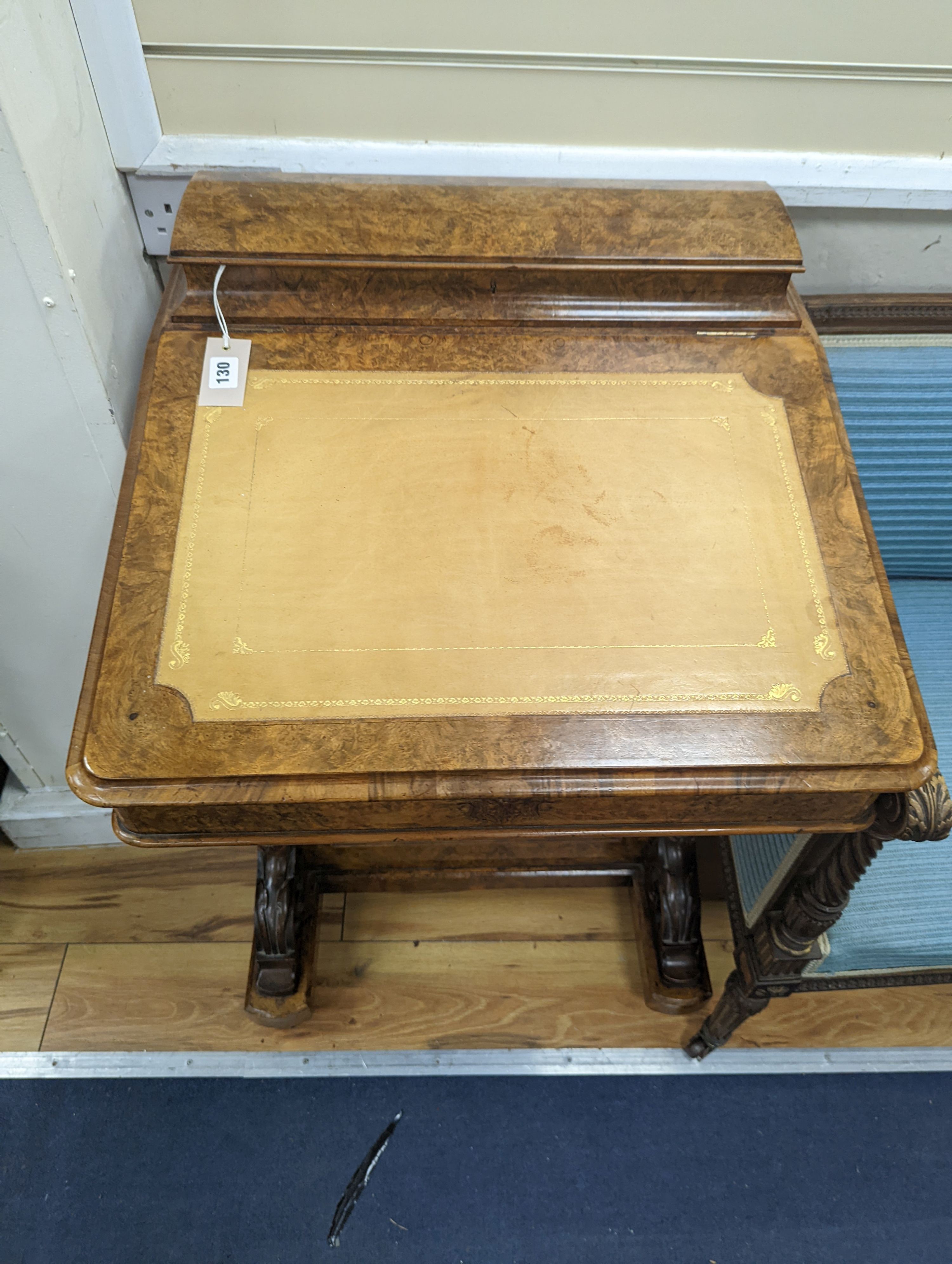 A Victorian burr walnut davenport, width 58cm, depth 58cm, height 85cm